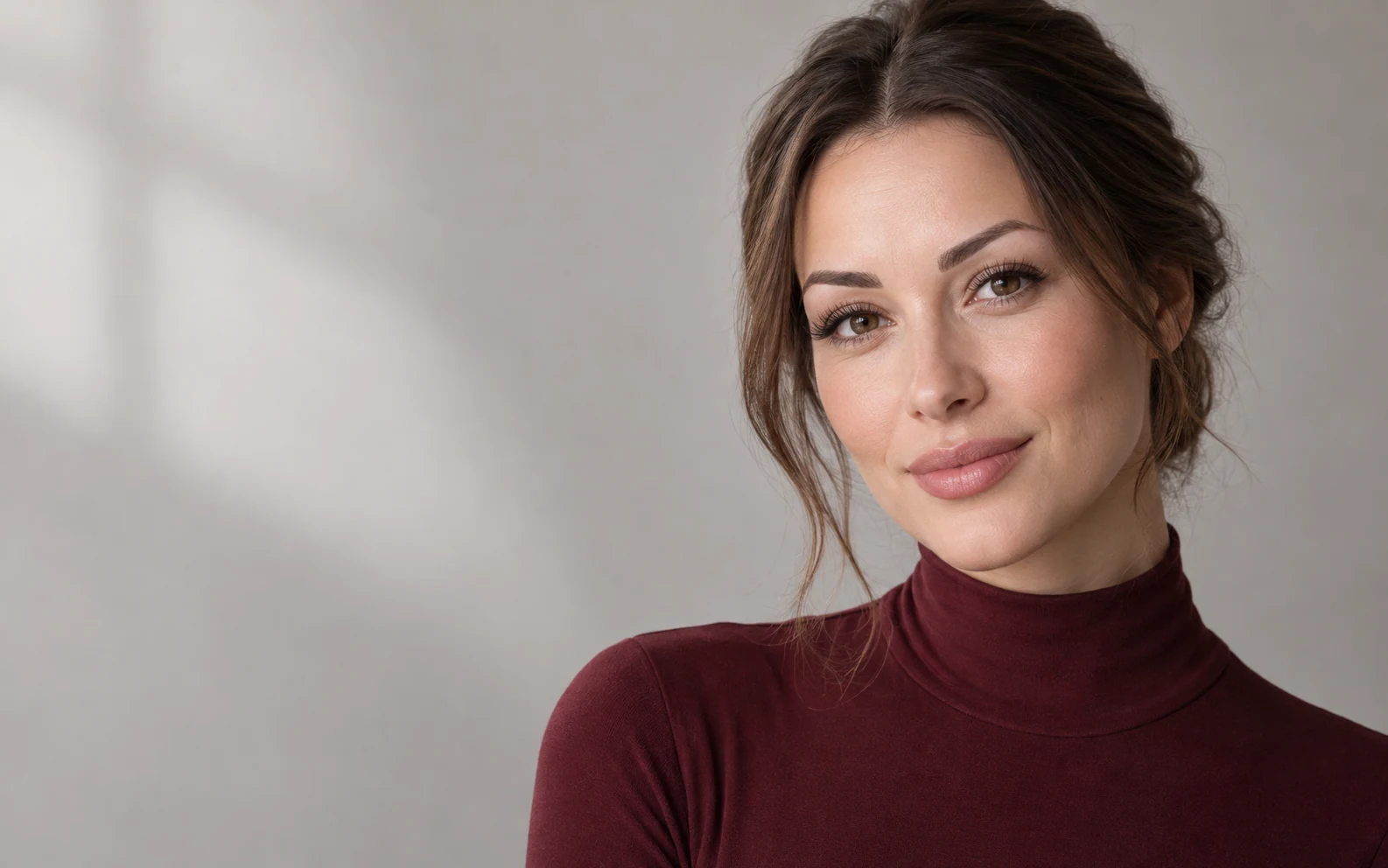 Bekleidetes Beauty-Porträt mit definierten Augenbrauen, Wimpernverlängerung und sanftem Lippen-Permanent-Make-up.